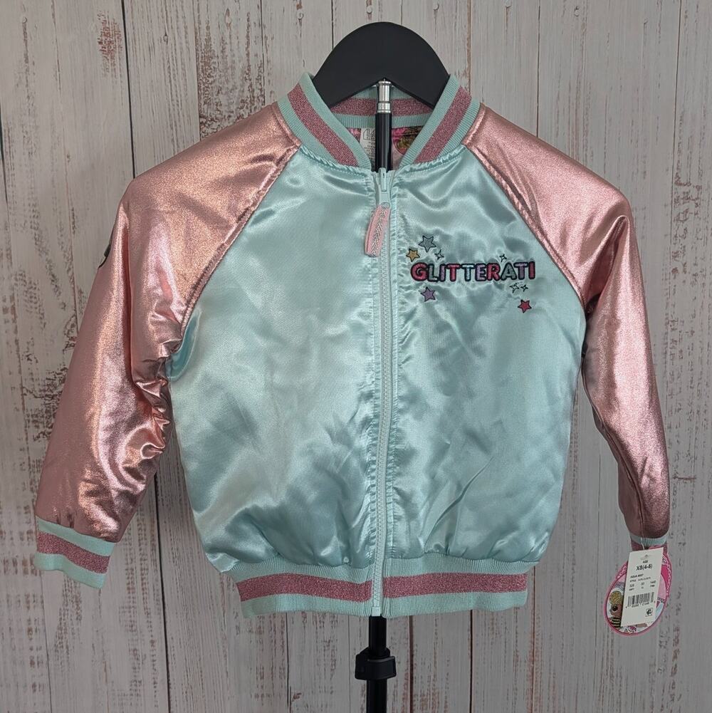 LOL Surprise Jacket Girls XS 4-5 Aqua Teal Rose Gold Metallic Satin Bomber NWT